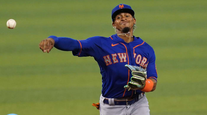 New York Mets shortstop Francisco Lindor (12) gets the force out of Miami Marlins second baseman Jazz Chisholm Jr. (2) in the 2nd inning at loanDepot park.